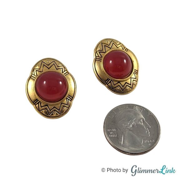 Vintage Zig Zag Faux Carnelian Oval Gold Tone Pierced Earrings - Picture 4 of 9